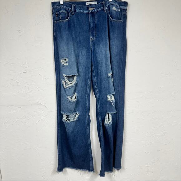 Kancan Blue Wide Leg Distressed High Rise Jeans Womens 31 Denim Classic Raw Hem - Picture 1 of 13